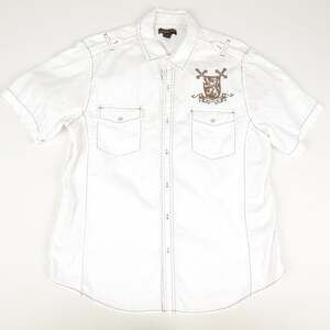 Helix Mens XL Button Down Utility Short Sleeve Shirt Heraldic Crest Y2K Lion